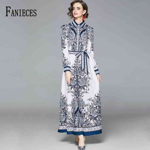 Low price wholesale Spring Autumn Runway Maxi Dresses Women's Long Sleeve Print Female Buttons up Sashes 210520