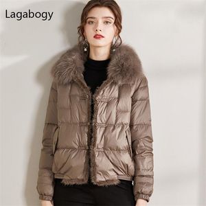 Lagabogy Real Fur Collar Winter Women 90%White Duck Down Jacket Ladies Short Warm Puffer Coat Female Loose Vintage Parka 211018