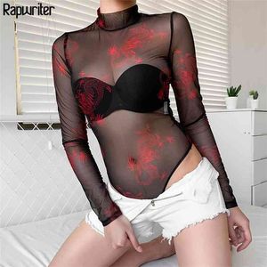 Rawpritter Sexy Transparente Malha Dragão Bodysuit Mulheres Verão Turtleneck Long Thumb Sleeve ver através da virilha aberta 210510