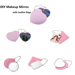 Sublimation Mirrors with Leather Bag Portable Round Cosmetic Mirror Blank Aluminum Sheet Girl Small Gift Wedding Business Supply DIY Custom Heart Valentine LOW MOQ