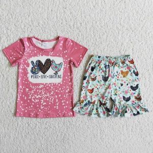 衣料品セット卸売子供夏の女の赤ちゃんピンクタイ色の平和の愛鶏のシャツのフリルの花のショートパンツ子供のブティック服装