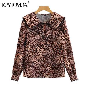 Kvinnor mode med spets leopardtryck blusar långärmad knapp-up kvinnliga skjortor blusas chic toppar 210420