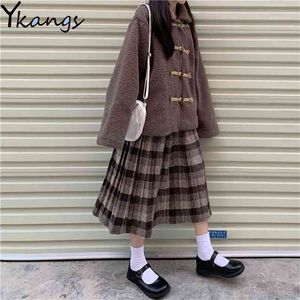 Kvinna Vinter Japanska 2st Set Faux Fur Teddy Coat + Ull Plaid Pläterad Kjol Höst Harajuku Koreansk Söt Loose Jacka Ropa Mujer 210421