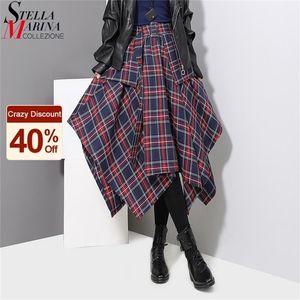 Korean Style Woman Red Plaid Asymmetrical Skirt Sashes High Waist Midi Belted Ladies Casual Unique Irregular Checker 3027 210619