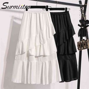 Vår sommar lång kjol kvinnor koreanska stil vit svart ruffles estetisk hög midja midi pläterad kvinnlig 210421