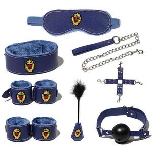 Nxy sm sexo adulto brinquedo 8 pcs brinquedos eróticos jogos de couro bdsm kits bondage algemas handcuffs boca boca gag collar olho máscara y definido para casais1220