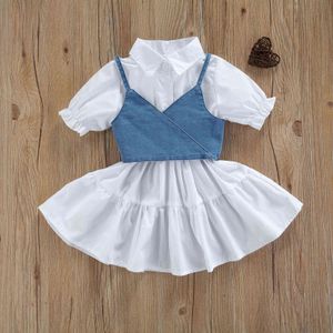 Kleinkind Baby Kurzarm Kleid + Denim Weste Verstellbare Bandage mit Rüschen Kinder Säugling Sommer Kleidung Mode Outwear Q0716