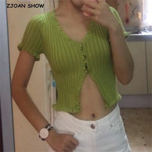 Sexy AA Wood Ears Otwarte Przyciski V Neck Krótki Rękaw Tee Kobiety Dzianiny Tight T Shirt Front Slit Crop Tops Knitwear 8 Kolory 210429