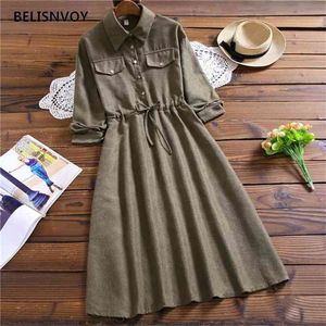 Women Corduroy dress Long Sleeve Solid A-line Wrap Party Dress Ladies Single Breasted Casual Turn-down Collar 210520
