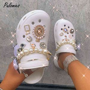 Summer Women Shoes Slippers With Charms Jewelry Garden Shoes Wedges Sweet Antiskid Female Flip Flops Platform Sandals For Woman H1122