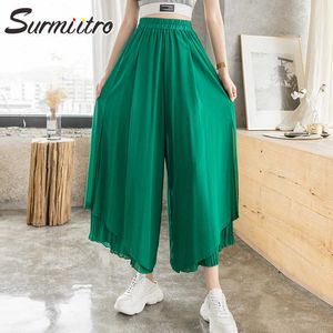 Surmiitro irregular largo perna longa saia plissada calça mulheres verão estilo coreano verde chiffon calças cintura alta feminina 210712