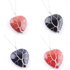 Wojier Silver Color Tree Жизнь Wire Wrap Ceendant Ожерелье Натуральный Авентрин Аметист Гем Камень Сердце Бисером Ювелирные Изделия DN362