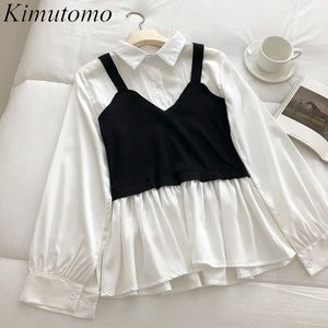 Kimutomo Women Elegant Chic Blouses French Style Black Camis Patchwork Fake Two Piece Turn-down Collar Tops Spring Autumn 210521