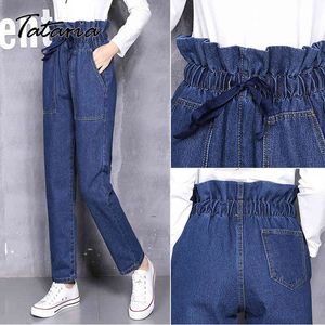 Vintage Gevşek Yüksek Bel Kot Kadın Artı Boyutu Denim Harem Pantolon Lace Up Bahar Erkek Arkadaşı Kız Butt Asansör Ayak Bileği 210514