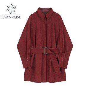 Camicia da donna Camicetta lunga Colletto rovesciato Manica lunga ampia da ufficio da donna Cintura da lavoro Camicetta stile casual per cappotto da donna 210417