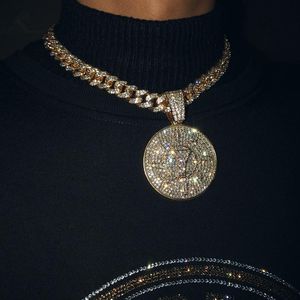 Pingente de moeda de zircão cúbico sem gelo com strass grande Miami corrente cubana gargantilha colar moda hip hop homens jóias colares