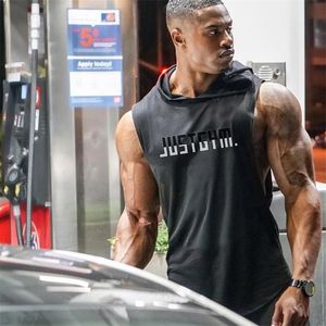 Ny Mode Bomull Muskler Ärmlös Hooded Tröjor Män Gym Truck Tank Topp Män Fitness Skjorta Bodybuilding Singlet Workout Vest 210421