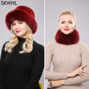 Women Winter Real Rex Rabbit Fur Hat Scarf 2 Pieces Knitted Top Natural Fox Fur Cap Scarves Sets