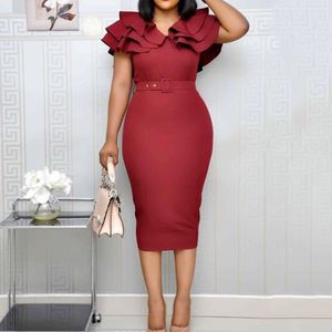 Kvinnor Klänning Bodycon Butterfly Sleeve Cascading Ruffles With Waist Belt Office Lady Mid Calf Dresses Slim Classy Ankomst 210416