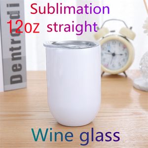 12 Unzen Sublimation gerade Weinglas leere Edelstahlbecher mit Deckel weiße doppelwandige isolierte Vakuumflasche eiförmige DIY Wassermilch Kaffeetassen