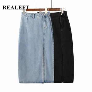 Summer Blue Women's Long Denim Skirt High Wasit Jeans Skirts Straight Female Side Split A-line Pencil 210428