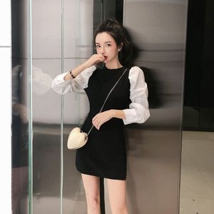 Korea Zimowa Elegancka Dzianiny Patchwork Kobiety Z Długim Rękawem O Neck Sweter Chic Biuro Mini Płaszcze Suknie Vestidos 210514