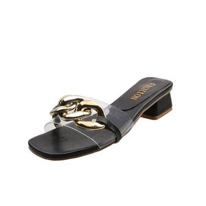 Women Transparent Slipper Sandals Design Gold Chain Slip On Mules Shoes Flat Heels Square Head Casual Slides Flip Flop Slippers