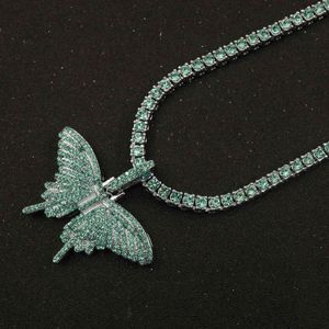 Green Crystal Butterfly Pendant 1 Row Tennis Chain Charm Hip Hop Women's Necklace Men's Blue Silver Color Iced Out Jewelry X0509