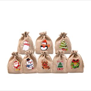 Bolsas de lino de Navidad con cordones Bolsa de Navidad Bolsa de regalo Jute Sorteos 8 diseños Muñeco de nieve, Santa Claus, Pingüino y alces