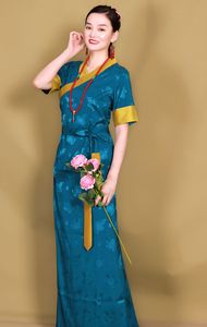 Tradicional traje tibetano vestido de verão oriental vintage longa qipao mulheres elegante manga curta cheongsam asiática roupas étnicas