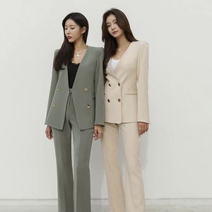Vår och höst Kvinnors Office Suit V-Neck Green Two-Piece Sets Kvinna Blazer Girly Elegant Temperament Pantsuit Setup Ladies 210422
