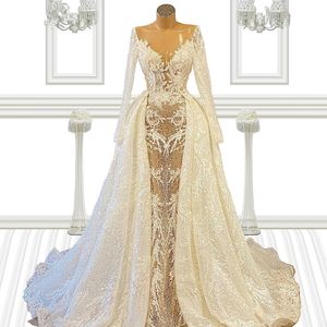2 stycken Elfenben sjöjungfru Bröllopsklänningar Långärmade Brudklänningar Vintage Lace Vestido de Noiva Beaded See Through Robes