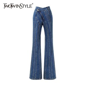 Twotwinstyle randig denim flare jeans för kvinnor hög midja casual oregelbundna byxor kvinnliga mode kläder hösten 210922