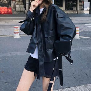 Korean Black Leather Jacket Women Retro Loose Female Short Outerwear Casual Fashion Long Sleeve Women's Winter Coat 210604