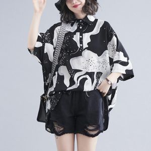 Women's Blouses & Shirts Johnature Women Chiffon Collar Half Sleeve Button Black White Star Shirt 2021 Summer Loose Sweet Style Blouse