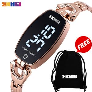 SKMEI LED Touch Women Watches Fashion Diamond Slim Digital Kvinnor Armbandsur Rostfritt Stålband Vattentät Reloj Mujer 1588