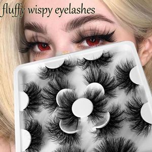 Falsche Wimpern, 7 Paar, 20–25 mm, 3D-Faux-Nerz, handgefertigt, wispy, lange, flauschige Wimpern, dünne Bandverlängerung, große Augen, Make-up-Tools