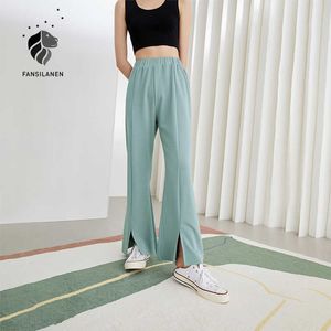 FANSILANEN Office Lady Knitted Pants Women Summer Slit Casual High Waist Mopping Black Blue Drop 210607