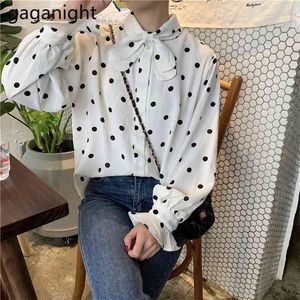 Kadınlar Tatlı Yay Tied Beyaz Bluz Kore Polka Dot Uzun Kollu OL Shirt Bahar Bayanlar Chic Blusas Tops 210601