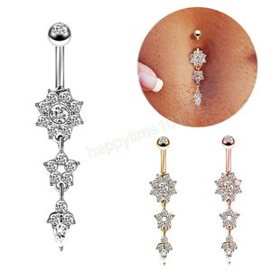 Body Piercing Jewelry Flower Shape Dangling Inlaid Zircon Belly Button Ring for Women Stianless Steel Navel Rings