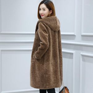 Cappotto invernale da donna in pelliccia sintetica 2021 di lana tosata di pecora mantello medio lungo con cappuccio integrato grande