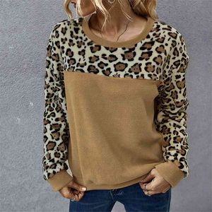 Felpa moda Inverno Polar Fleece Sexy Stampa leopardata Colore a contrasto T-shirt a maniche lunghe Donna felpa abbigliamento 210508