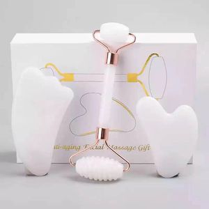 Sawtooth Massage Roller Gua Sha Face Care Tool Set Natural Eye Neck Skin White Jade Stone Acupuncture Scraping Body Healing Massager