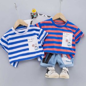 Children Cotton Clothes Baby Boys Sport Cartoon Strips Print T-shirt Short Jeans 2Pcs/Set Infant Kids Fashion Toddler Tracksuits X0802