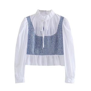 Women's Blouses & Shirts YENKYE Fashion Women Vintage Tweed Patchwork White Blouse Tops Sweet Ladies Lace Up Stand Collar Long Sleeve Autumn