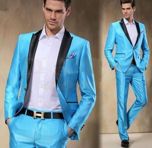 Mäns kostymer Blazers 2021 Bekväm passform Ankomst Sky Blå Satin Groom Tuxedos Slim 2 Pieces Mens Bröllop Prom Dinner Party Man Su