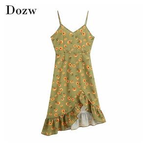 Boho Floral Imprimir Ruffle Midi Dress Mulheres Espaguete Strap Summer Beach Backless Sem Mangas Españetrical ES 210515