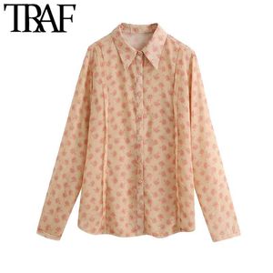 TRAF Moda Moda Semi-Sheer Imprimir Blusas Chiffon Vintage Manga Longa Button-Up Feminino Camisas Chic Tops 210415