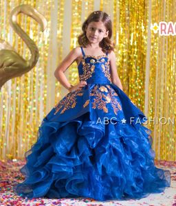 Wspaniałe Royal Blue Girls Pagews Sukienki Ruffles Appliqued Zroszony Kwiat Dziewczyna Sukienka Dla Wesela Dzieci Księżniczka Birthday Ball Suknie