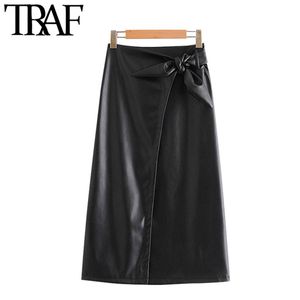 Traf Women Chic Modna moda z kokardą ze sztucznej skórzanej sukienki midi vintage High Elastyczna talia Przednia przednia spódnice 210415